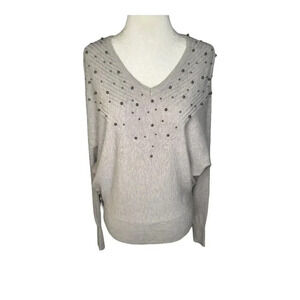 Carmen Marc Valvo Women's‎ Gray Studded V-Neck Sweater Size Small